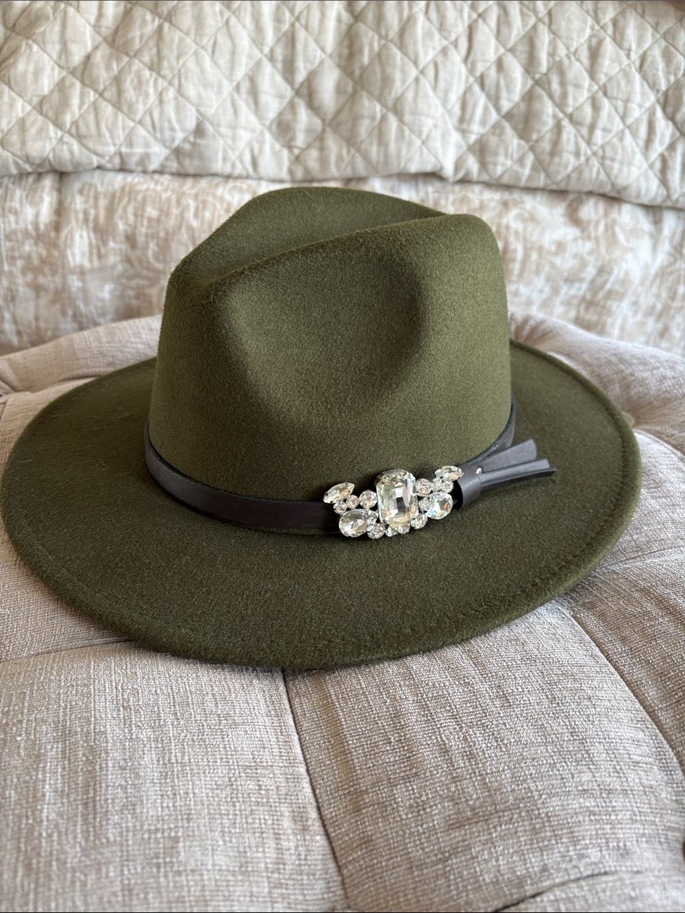 Olive Green Felt Fedora Hat with Rhinestone Band Accent